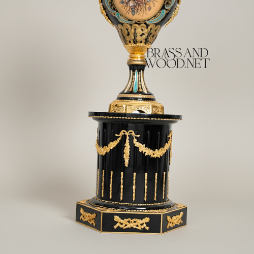 Neoclassical Empire Ceremonial Urn Vase on Pedestal with Gilt Swag & Floral Medallion