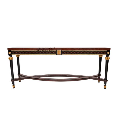 French Empire Neoclassical Console Table Solid Mahogany Ebonised Legs Gold Leaf Rosettes Interlocking Circle Frieze Brass & Wood Front View | Brass & Wood