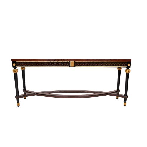French Empire Neoclassical Console Table Solid Mahogany Ebonised Legs Gold Leaf Rosettes Interlocking Circle Frieze Brass & Wood Front View | Brass & Wood