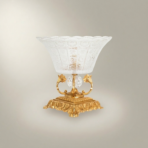 Neoclassical Engraved Crystal Cup Ornate Brass Acanthus Pedestal Centerpiece - Brass & Wood Gold Front | Brass & Wood