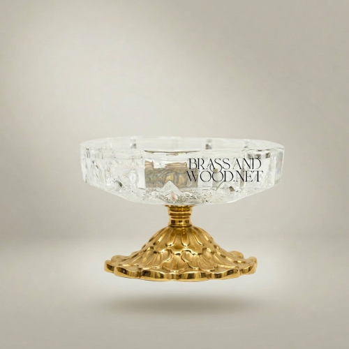 Neoclassical Faceted Crystal Ashtray on Ornate Brass Pedestal Base