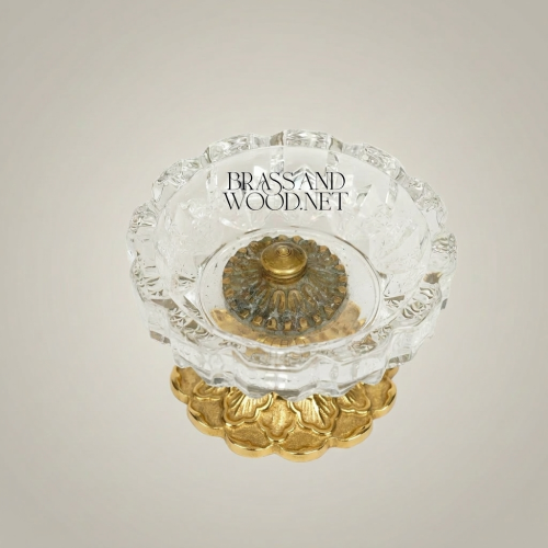 Neoclassical Faceted Crystal Ashtray on Ornate Brass Pedestal Base