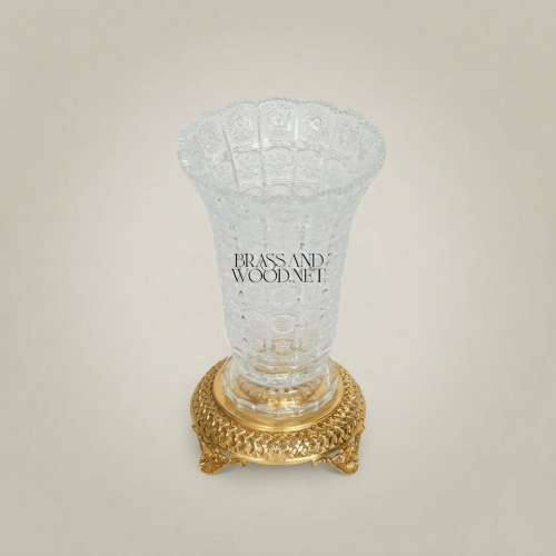 Neoclassical Faceted Crystal Trumpet Vase with Ornate Braided Brass Base on Claw Feet Gold Front | Brass & Wood