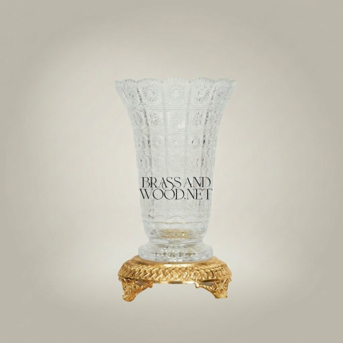 Neoclassical Faceted Crystal Trumpet Vase with Ornate Braided Brass Base on Claw Feet Gold Front | Brass & Wood