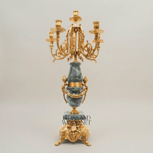 Neoclassical Five-Arm Brass Candelabra Green Marble Urn Column Ornate Base Brass and Wood Gold Front | Brass & Wood