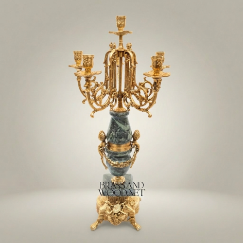 Neoclassical Five-Arm Brass Candelabra Green Marble Urn Column Ornate Base Brass and Wood Gold Front | Brass & Wood