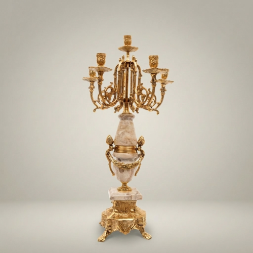 Neoclassical Five-Arm Brass and Marble Candelabra Ornate Sculpted Base Brass and Wood Gold Front | Brass & Wood