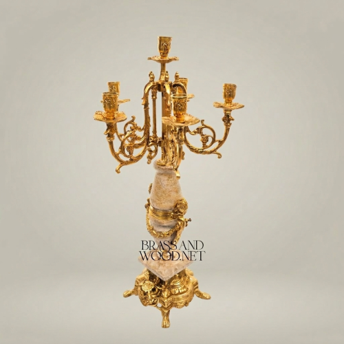 Neoclassical Five-Arm Brass and Marble Candelabra Ornate Sculpted Base Brass and Wood Gold Front | Brass & Wood