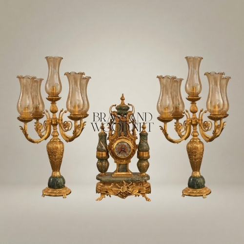 Neoclassical Gilt Brass & Green Marble Garniture Set - Lyre Clock with Five-Arm Candelabra