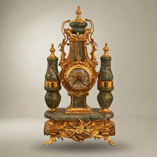 Neoclassical Gilt Brass & Green Marble Garniture Set - Lyre Clock with Five-Arm Candelabra