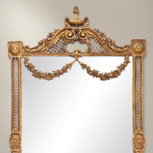 Neoclassical Hand-Carved Wall Mirror Floral Swag Pediment Reticulated Gilded Frame Brass and Wood Gold Front | Brass & Wood