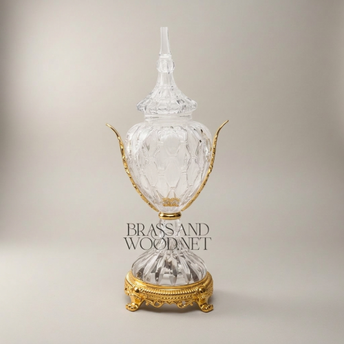 Neoclassical Hand-Cut Crystal Lidded Urn Vase with Ornate Brass Base and Scroll Handles - Brass and Wood Gold Front | Brass & Wood