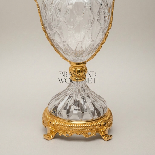 Neoclassical Hand-Cut Crystal Lidded Urn Vase with Ornate Brass Base and Scroll Handles - Brass and Wood Gold Front | Brass & Wood