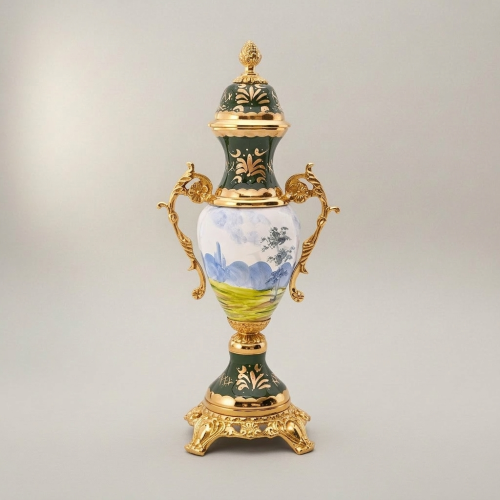 Neoclassical Hand-Painted Green Ceramic Lidded Urn Vase with Landscape Medallion and Ornate Brass Handles and Mounts Gold Front | Brass & Wood