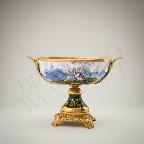 Neoclassical Hand-Painted Green Ceramic Lidded Urn Vase with Landscape Medallion and Ornate Brass Handles and Mounts Gold Front | Brass & Wood