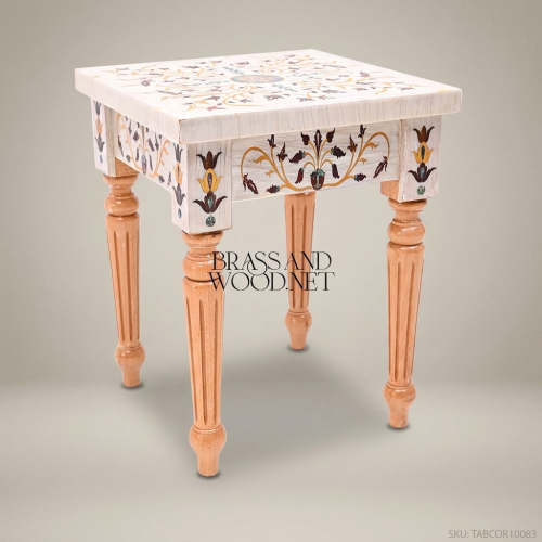 Neoclassical Ivory Lacquer Corner Table Polychrome Floral Inlay Turned Wood Legs Brass & Wood Front View | Brass & Wood