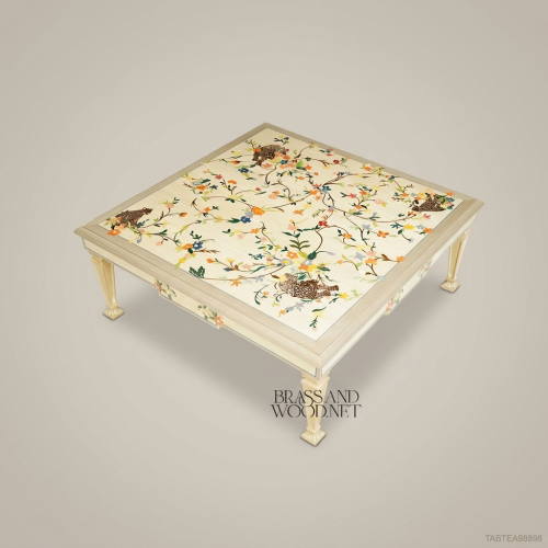 Neoclassical Ivory Lacquer Tea Table Hand-Painted Floral Animal Marquetry Solid Wood Brass & Wood Front View | Brass & Wood
