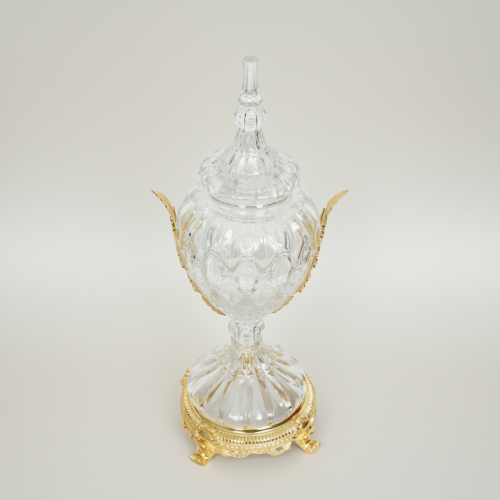 Neoclassical Lidded Crystal Urn Vase with Acanthus Brass Mounts and Ornate Footed Base Gold Front | Brass & Wood