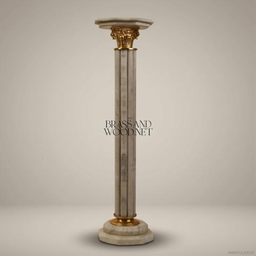 Neoclassical Marble Pedestal Column with Gilded Corinthian Capital