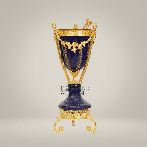 Neoclassical Navy Blue Ceramic Urn Incense Burner - Gilt Brass Swag & Tripod Stand