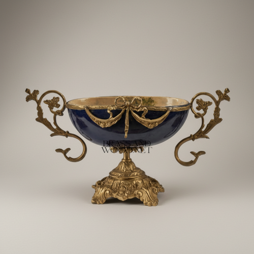 Neoclassical Navy Ceramic Coupe Bowl with Ormolu Swag & Scrolled Handles
