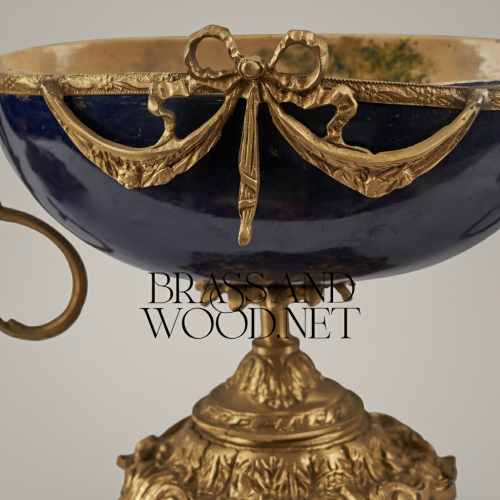 Neoclassical Navy Ceramic Coupe Bowl with Ormolu Swag & Scrolled Handles