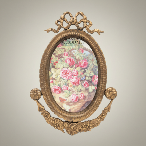 Neoclassical Oval Brass Photo Frame Ribbon Bow Floral Garland Antique Brass and Wood Auntique Front | Brass & Wood