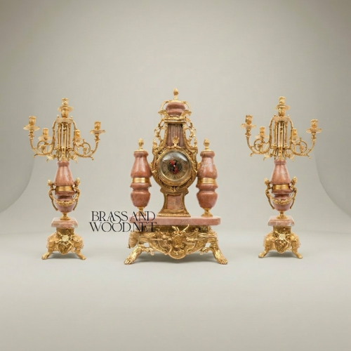 Neoclassical Pink Marble & Brass Mantel Clock Garniture with Five-Arm Candelabra