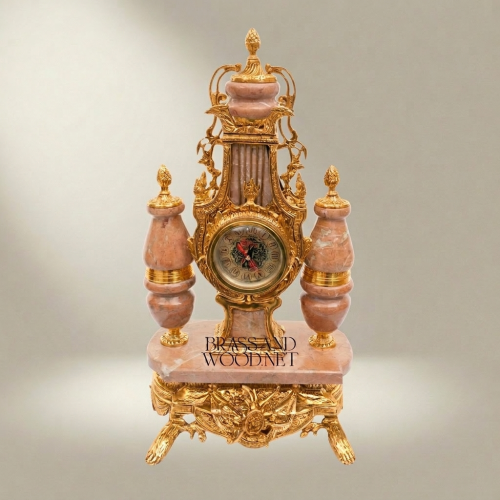 Neoclassical Pink Marble & Brass Mantel Clock Garniture with Five-Arm Candelabra