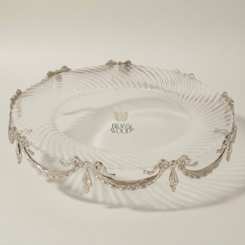 Neoclassical Oval Ribbed Glass Serving Plate with Ornate Brass Swag Tassel Frame Brass and Wood Antique Front | Brass & Wood