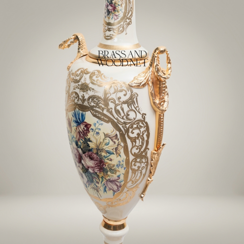 Tall Neoclassical Ceramic Amphora Vase Serpent Handles Botanical Floral Cartouche Brass and Wood Gold Front | Brass & Wood