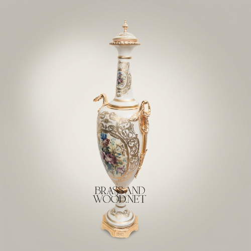 Tall Neoclassical Ceramic Amphora Vase Serpent Handles Botanical Floral Cartouche Brass and Wood Gold Front | Brass & Wood