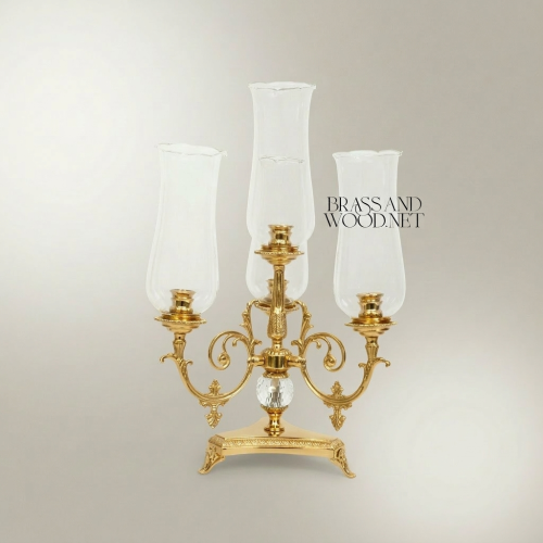 Neoclassical Three-Arm Brass Candelabra with Crystal Sphere & Glass Hurricane Shades