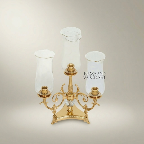 Neoclassical Three-Arm Brass Candelabra with Crystal Sphere & Glass Hurricane Shades
