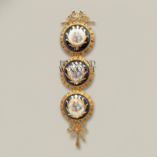 Neoclassical Triple Porcelain Medallion Brass Wall Panel Floral Sevres Ribbon Crown Brass and Wood Gold Front | Brass & Wood