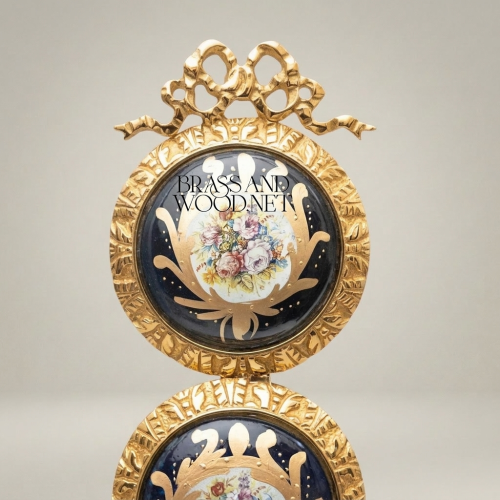 Neoclassical Triple Porcelain Medallion Brass Wall Panel Floral Sevres Ribbon Crown Brass and Wood Gold Front | Brass & Wood