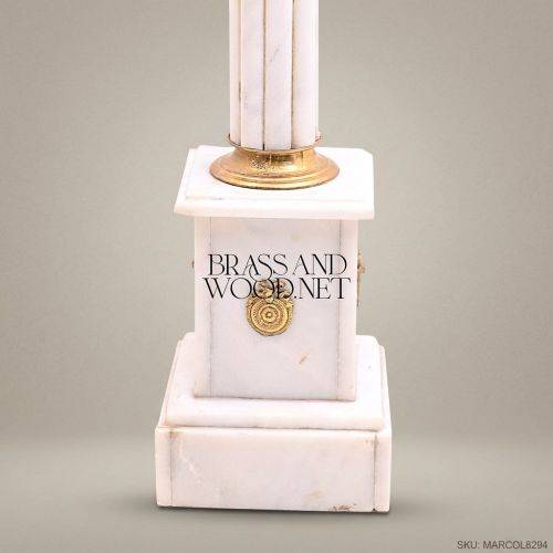 Neoclassical White Marble Column Pedestal with Gilt Brass Corinthian Capital