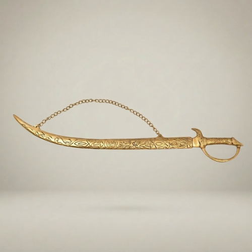 Ornate Engraved Brass Decorative Sword with Chain and Scabbard Islamic Arabesque Brass and Wood Gold Front | Brass & Wood