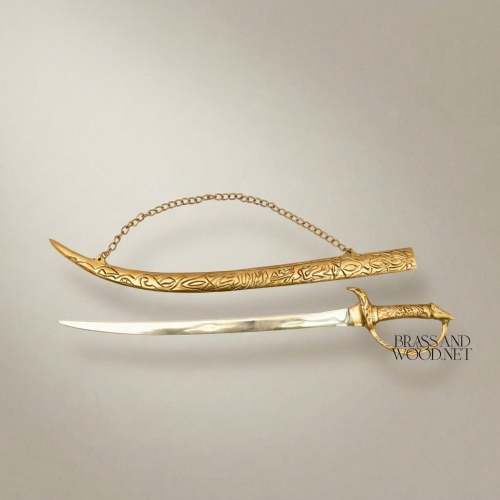 Ornate Engraved Brass Decorative Sword with Chain and Scabbard Islamic Arabesque Brass and Wood Gold Front | Brass & Wood