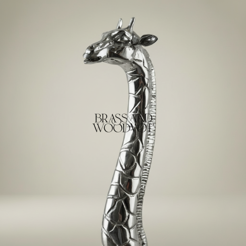 Polished Metal Giraffe Sculpture Full-Body Walking Pose Brass and Wood Silver Front | Brass & Wood