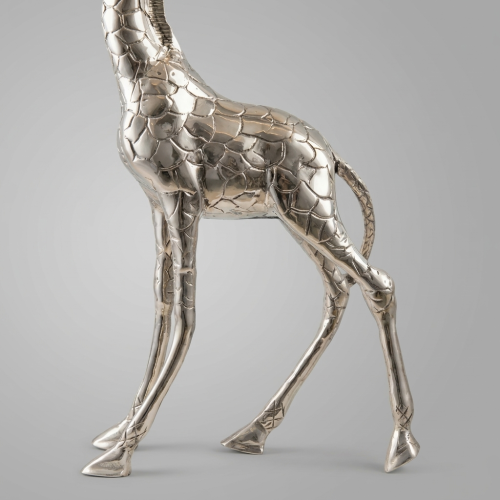 Polished Metal Giraffe Sculpture Full-Body Walking Pose Brass and Wood Silver Front | Brass & Wood