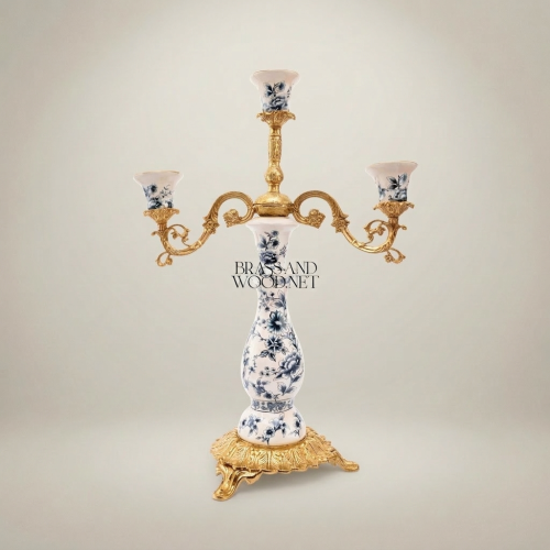 Rococo Three-Arm Candelabra Blue Floral Porcelain Cups Ornate Scrolled Brass Base Brass and Wood Gold Front | Brass & Wood