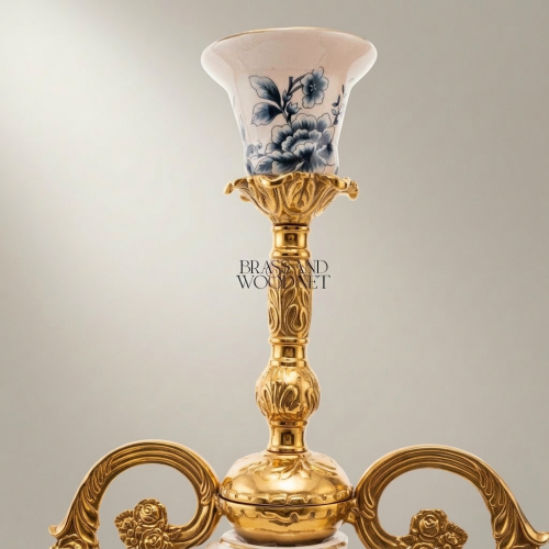 Rococo Three-Arm Candelabra Blue Floral Porcelain Cups Ornate Scrolled Brass Base Brass and Wood Gold Front | Brass & Wood