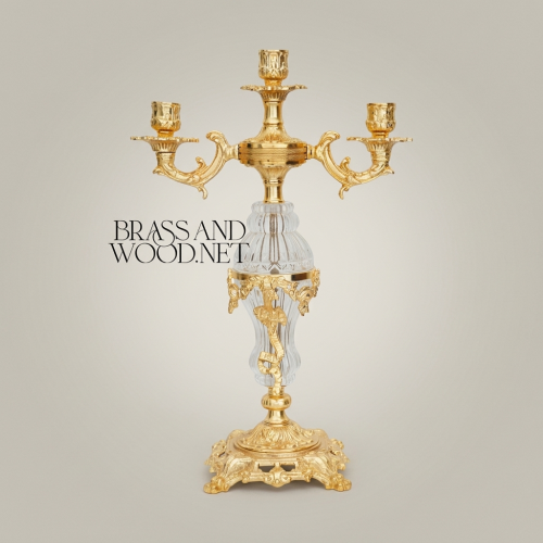 Rococo 3-Arm Brass Crystal Column Candelabra Scrollwork Base Ornate Handcrafted Gold Front | Brass & Wood