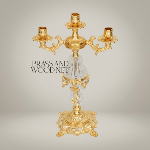 Rococo 3-Arm Brass Crystal Column Candelabra Scrollwork Base Ornate Handcrafted Gold Front | Brass & Wood