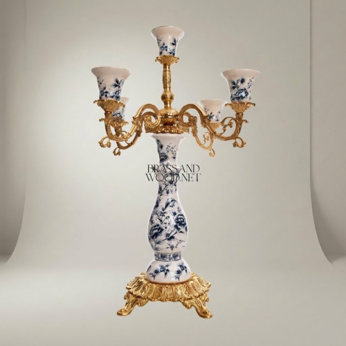 Rococo 5-Arm Blue Floral Porcelain and Brass Candelabra Ornate Scrolled Arms Brass and Wood Gold Front | Brass & Wood
