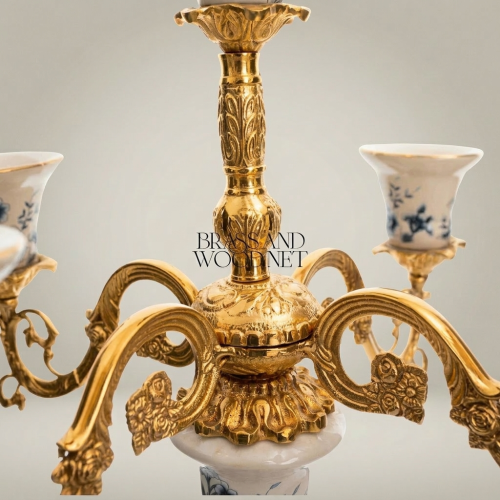 Rococo 5-Arm Blue Floral Porcelain and Brass Candelabra Ornate Scrolled Arms Brass and Wood Gold Front | Brass & Wood