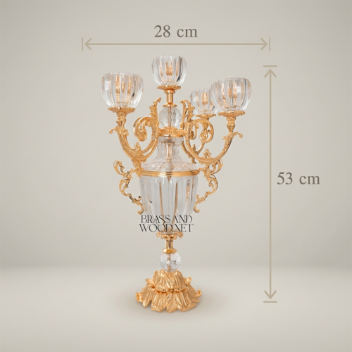 Rococo 5-Arm Crystal and Brass Candelabra Fluted Urn Body Acanthus Scrollwork Brass and Wood Gold Front | Brass & Wood