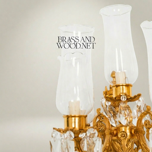 Rococo 5-Arm Brass Wall Sconce with Crystal Drops and Hurricane Glass Shades - Brass and Wood Gold Front | Brass & Wood