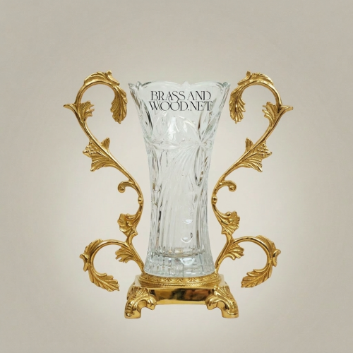 Rococo Acanthus Scrolled Brass Crystal Vase Ornate Foliate Stand Brass and Wood Gold Front | Brass & Wood